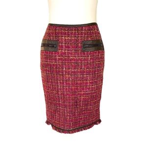 Lafayette 148 Plaid Tweed Leather Trim Fringe Midi Pencil Skirt - 2